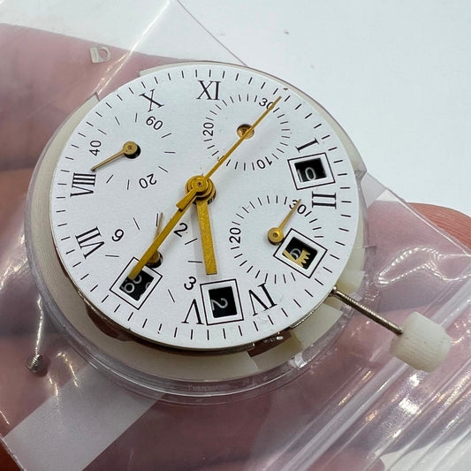 Automatic Chronograph watch with Asian 7750 movement, black dial, calendar at 4.5, seconds subdial at 9, ETA 7750 mechanism.