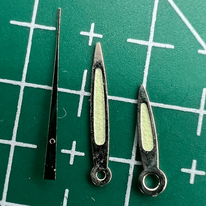 Luminous green arrow-shaped watch hands set for Miyota 2035, perfect for night visibility and style.