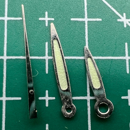 Arrow-shaped green luminous watch hands set for Miyota 2035 movement, boosting visibility and style.