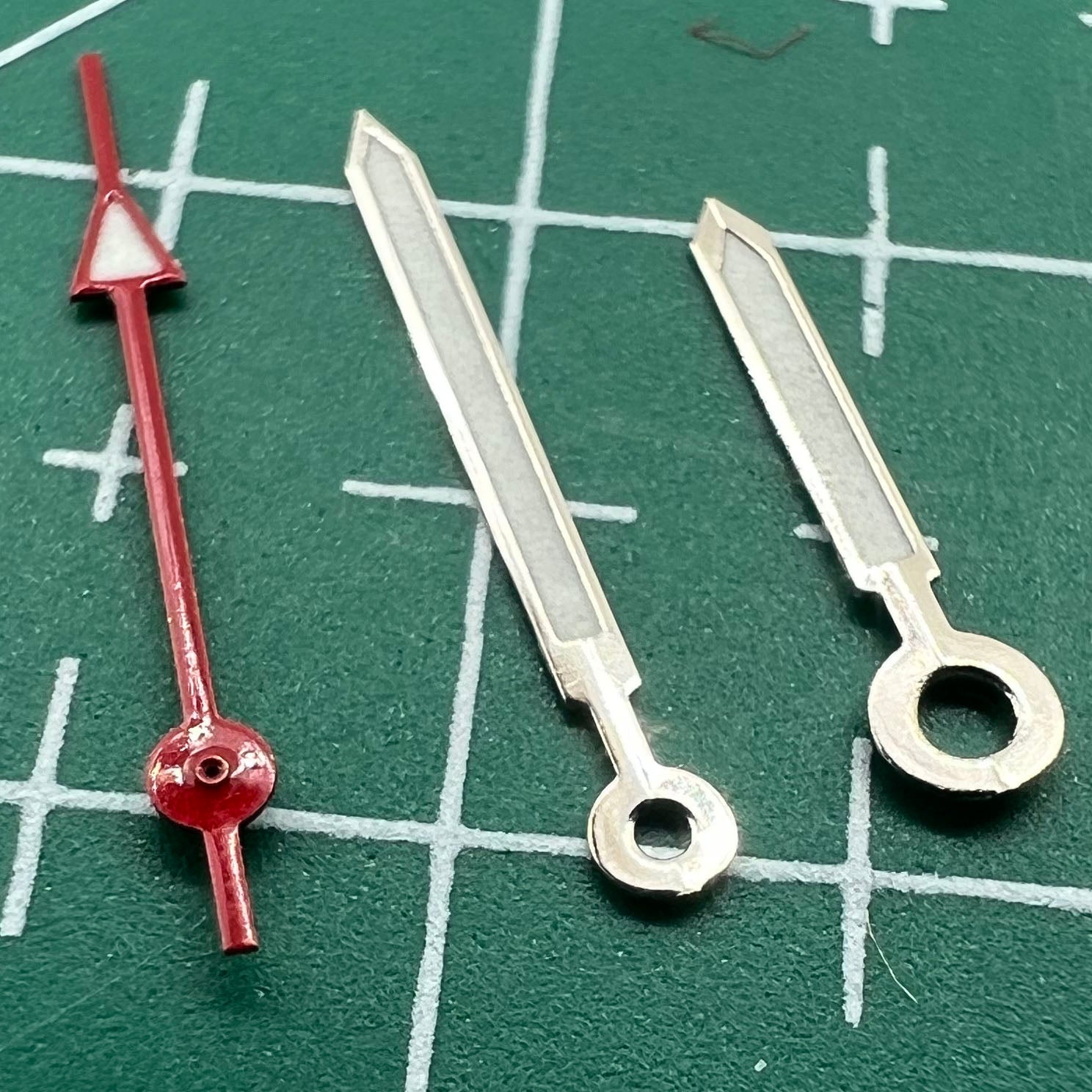 Green luminous red second watch hands set compatible with Miyota 2035 2115 2105 2305 movements.