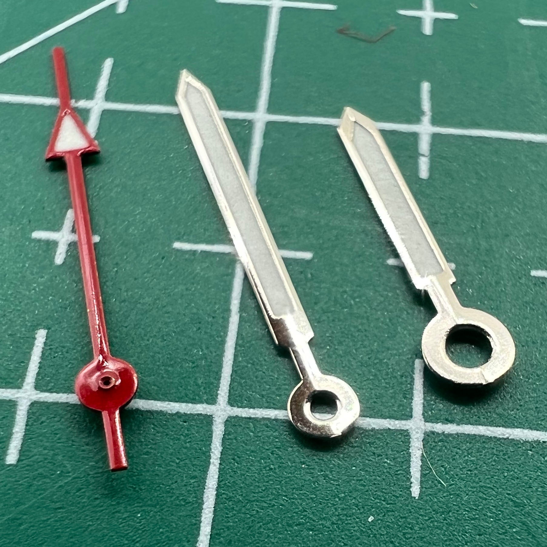 Green luminous red second watch hands set compatible with Miyota 2035 2115 2105 2305 movements, precise timing replacement.