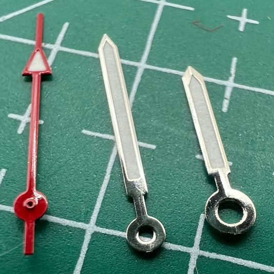 Green luminous red second watch hands set compatible with Miyota 2035 2115 2105 2305 movements.