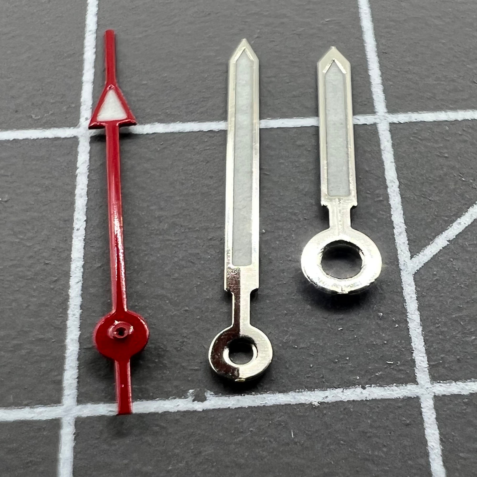 Red second hand and green luminous hands set for Miyota 2035 watch movements.