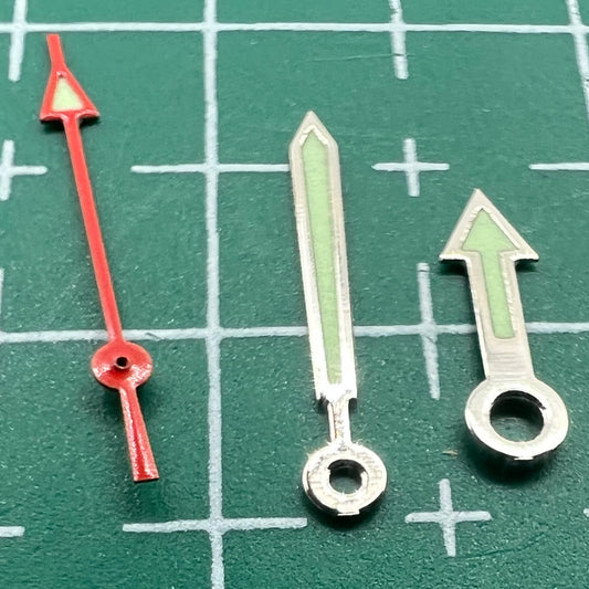 Green luminous arrow-shaped watch hands set by Miyota, perfect for models 2035, 2115, 2105, 2305, enhancing readability.