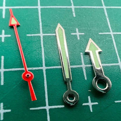 Green luminous arrow-shaped watch hands set by Miyota, perfect for models 2035, 2115, 2105, 2305, enhancing readability.