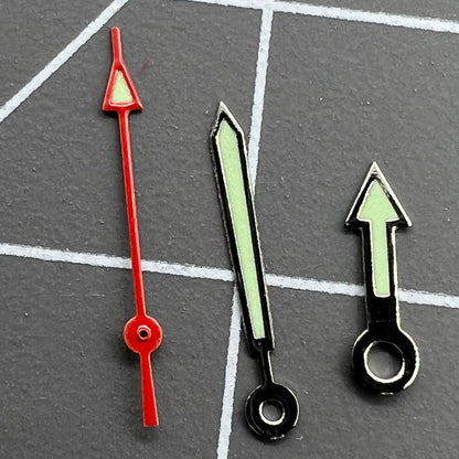 Arrow-shaped green luminous watch hands set for Miyota 2035 and compatible movements.