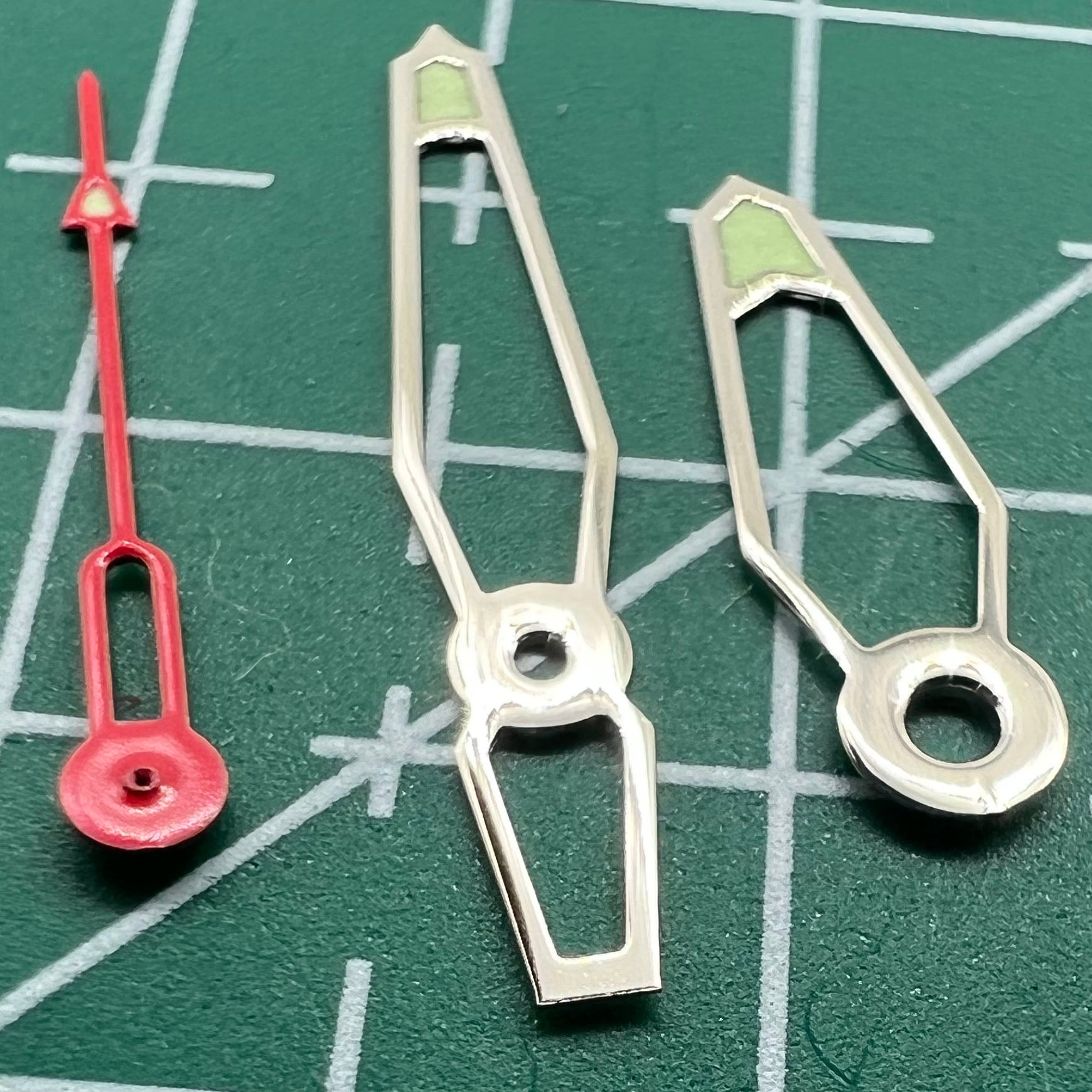 Green luminous hollow watch hands set compatible with Miyota 2035/2115/2105/2305 movements, ideal for watch repair.