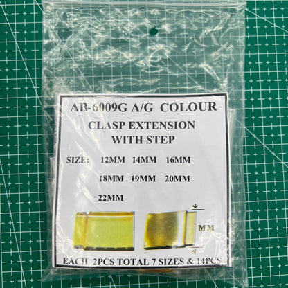 Set of 14 gold watch strap extenders with clasp links for adjustable bracelet length, compatible with multiple brands.