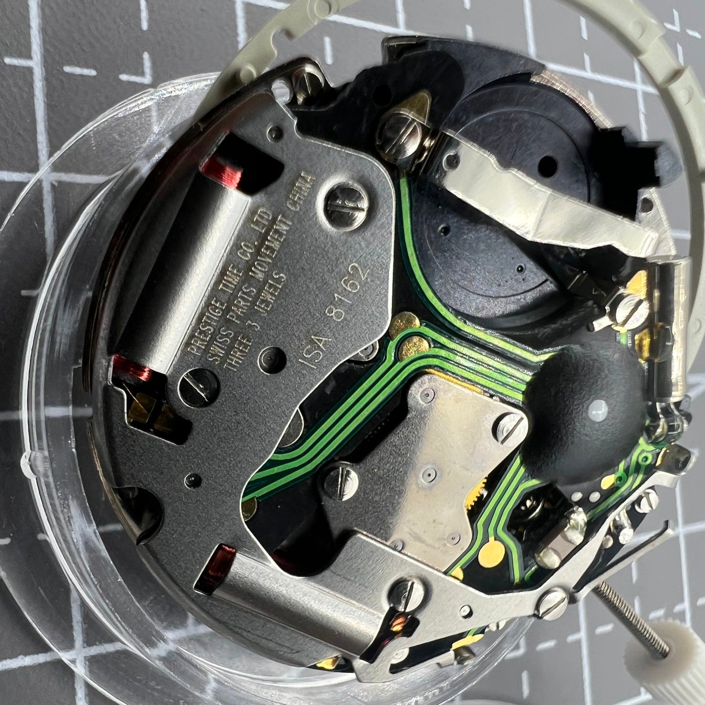 Swiss ISA 8162 quartz watch movement with date at 6, reliable replacement for accurate timekeeping by ISA.