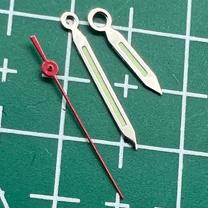 Aiguille de seconde main avec garniture argentée et luminescente verte et rouge pour montres Miyota 2035, 2115, 2105 et 2305