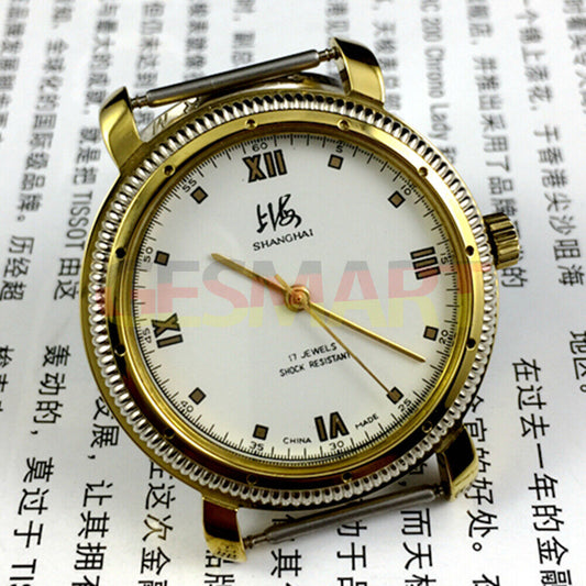 38mm Shanghai Factory manual mechanical watch with golden shock-resistant case and classic design.