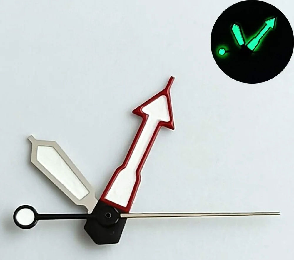 Arrow-shaped green lume watch hands with matted silver and red trim for NH35 NH36 NH70 movements.