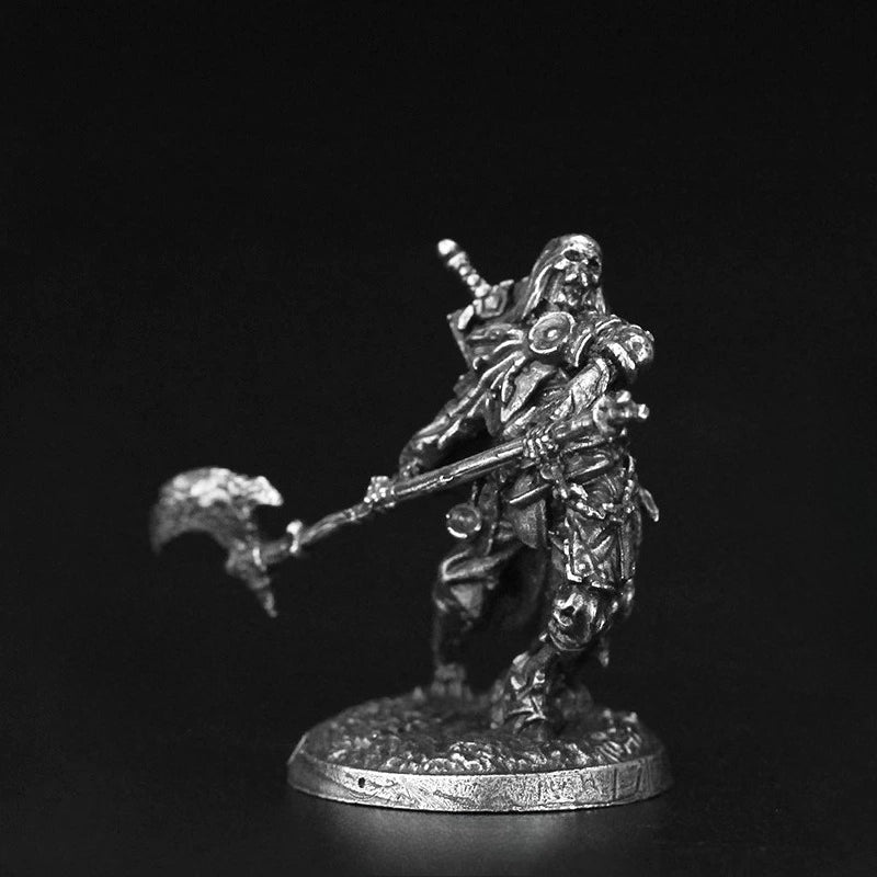 White Brass Figurine Undead Skeleton Warrior Miniature - Hooded Poleaxe Halberd Figure