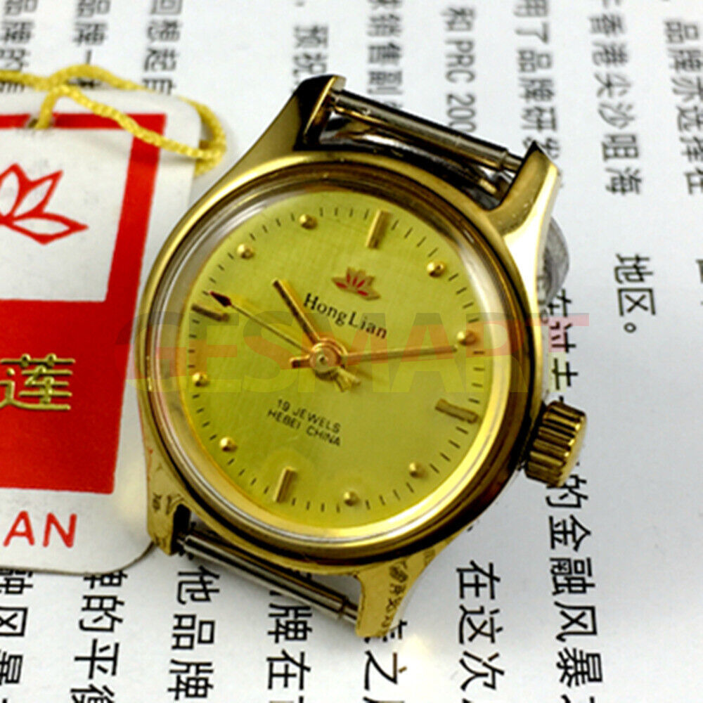 HONGLIAN 25mm lady watch with golden nail markers, round case, 19-jewel manual mechanical movement.