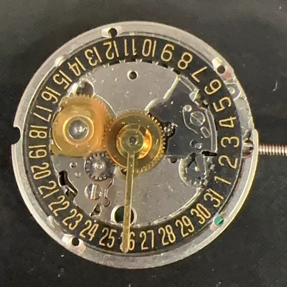 Swiss Made ETA 956.114 quartz movement with black dial, gold hands, and date at 6.