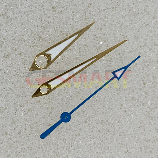 Arrow-shaped golden trim green luminous watch hands compatible with NH35/NH36/4R/7S movements.
