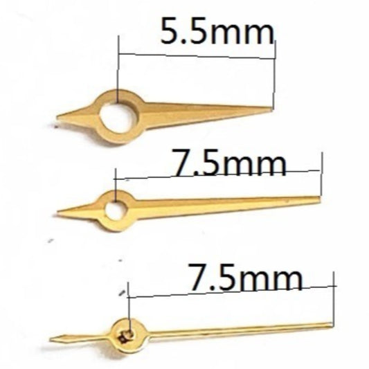 Golden watch hands measuring 7.5x7.5x5.5mm for Ronda 785 movement, premium watch accessory.