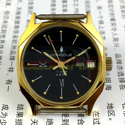 Dandong Liaoning Kongque manual mechanical watch with 17 jewels and black dial, classic design.