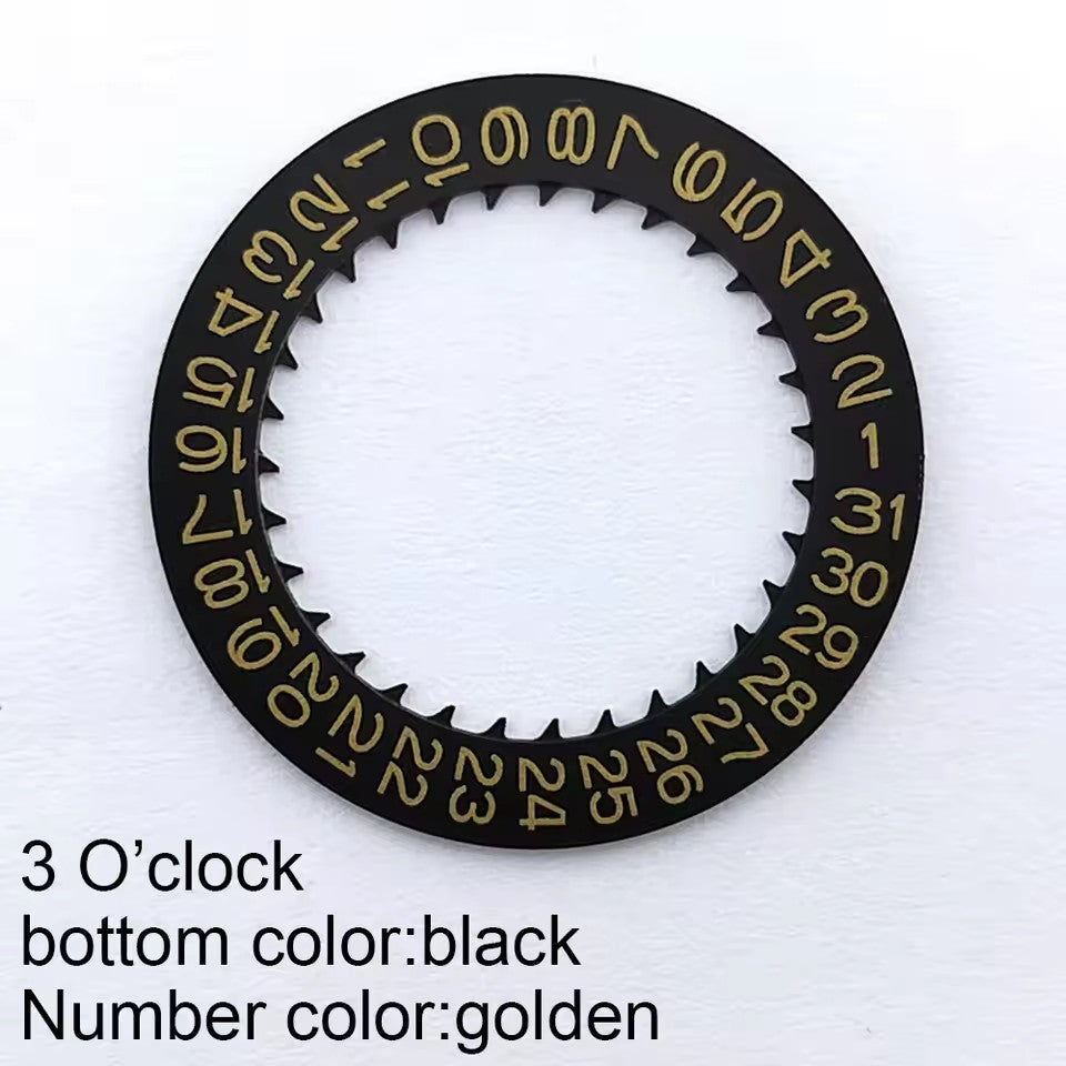 Golden font date disk wheel with black background, compatible with NH35 NH36 movement, date at 3 O'clock slot.
