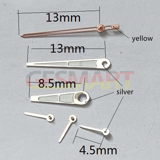 13 mm Silber + Gelbe Zierleiste Lume Uhrzeiger für Miyota OS10 OS20 OS22 OS60 OS80