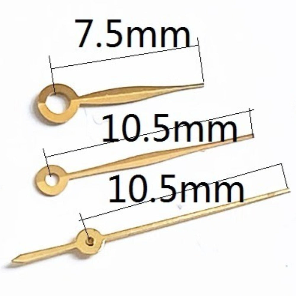 Golden 10.5mm leaf-shaped watch hands for Ronda 785 movement, premium quality brand component.