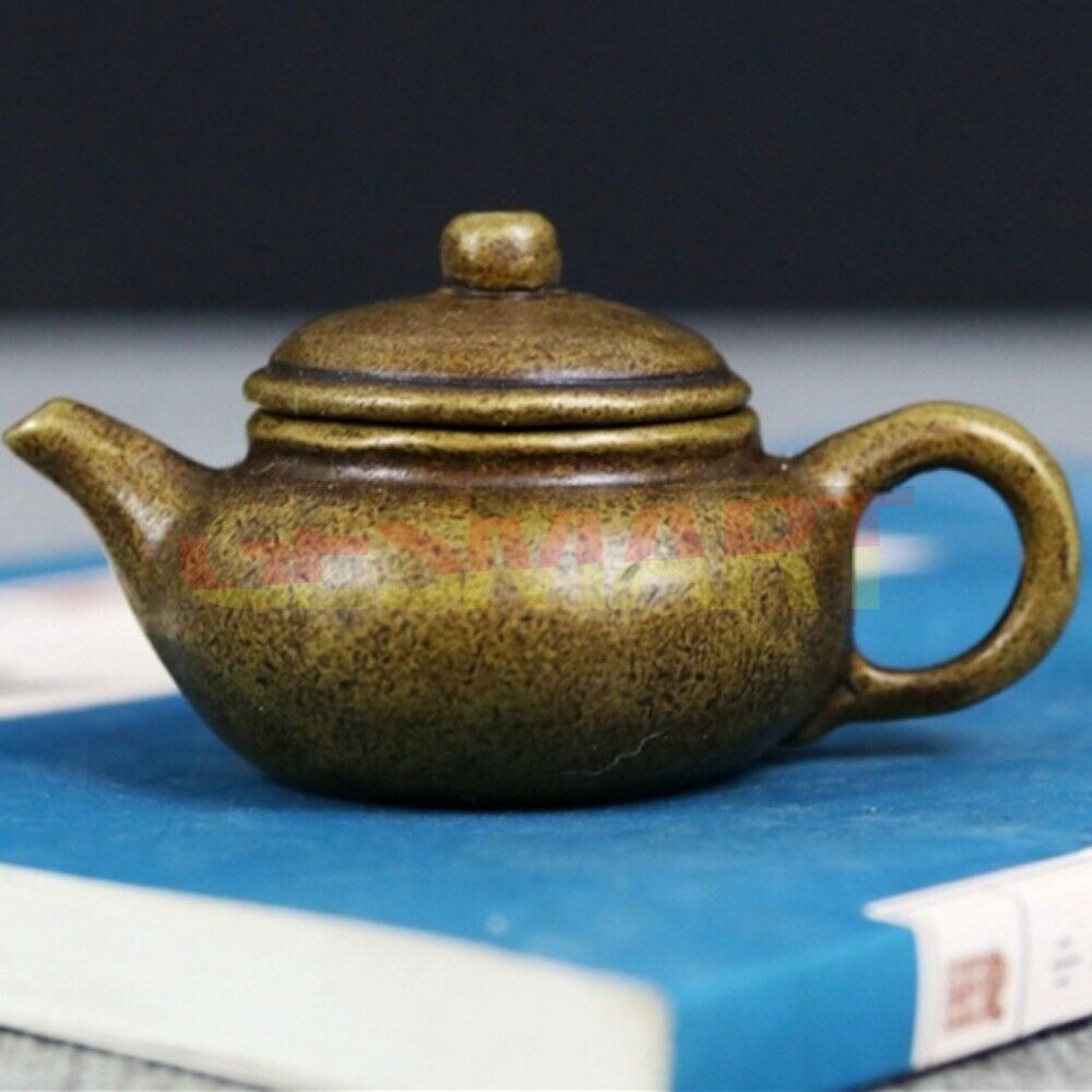 Vintage solid copper teapot trinket, hand-carved bronze figurine with detailed craftsmanship.