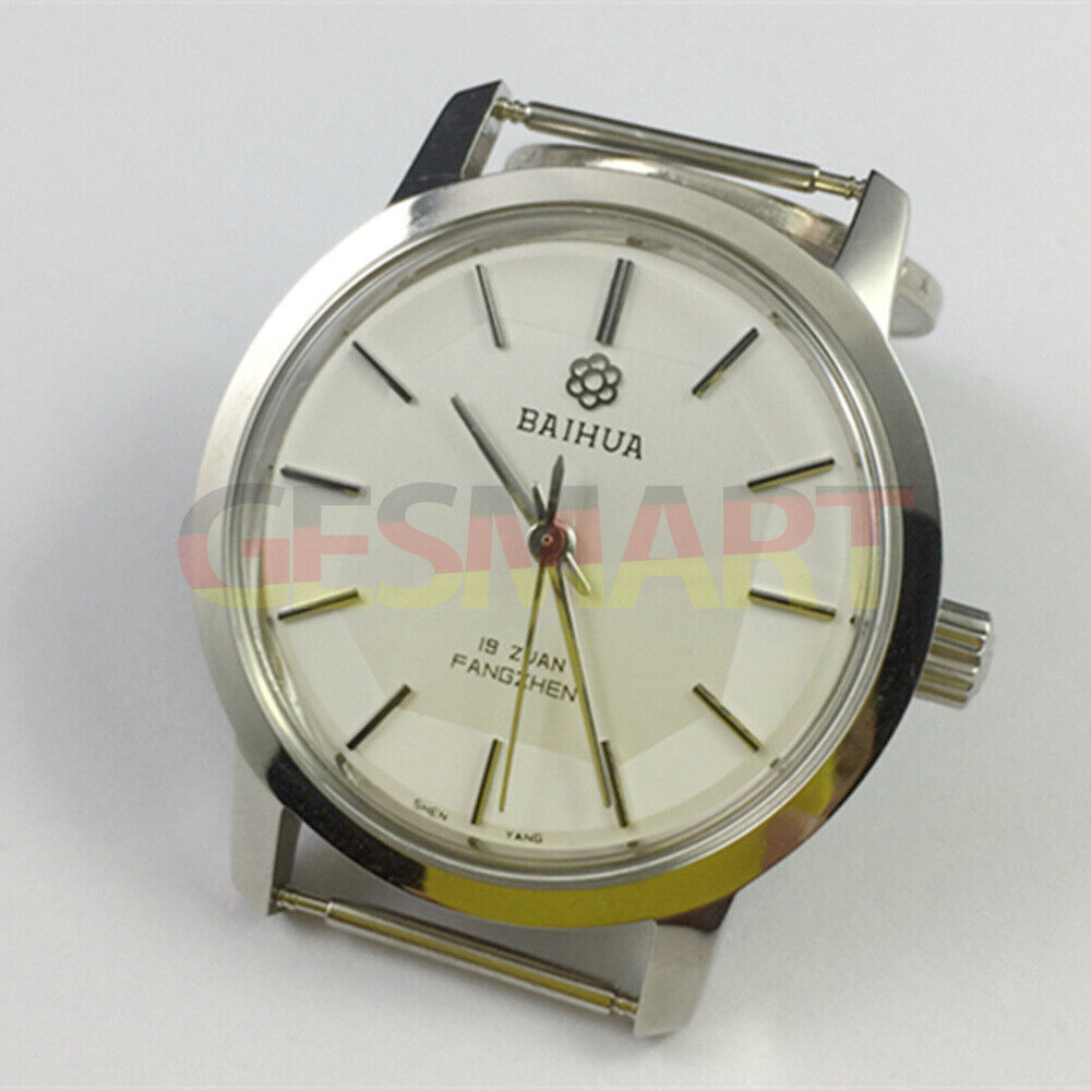China Baihua 37mm silver manual mechanical watch with 19 jewels, shock-resistant for durability and precision.