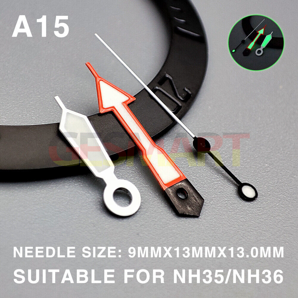 Green lume 13mm orange second hand with silver trim for Miyota NH35/NH36/NH38 watches.