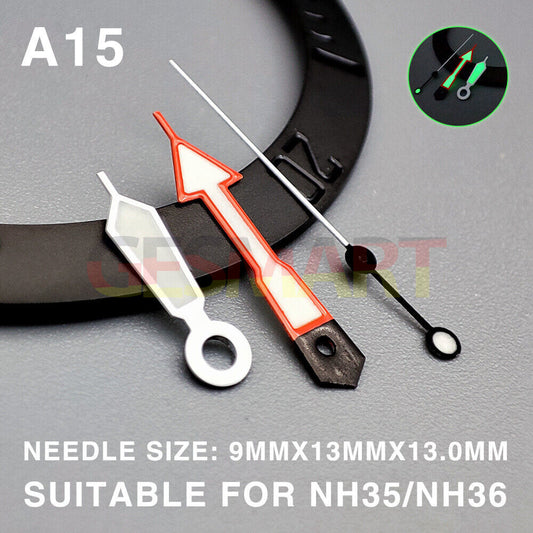 Green lume 13mm orange second hand with silver trim for Miyota NH35/NH36/NH38 watches.