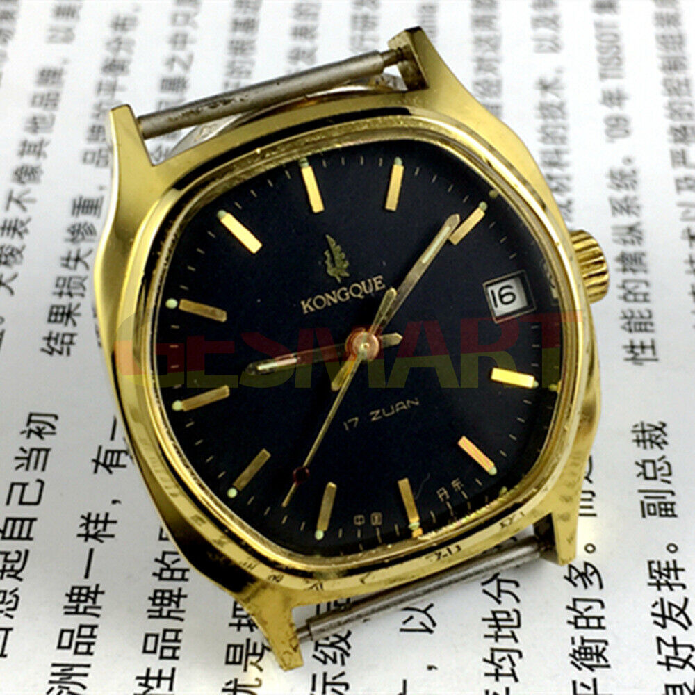 34mm Kongque black manual mechanical watch with single calendar, 17 jewels, precision craftsmanship.