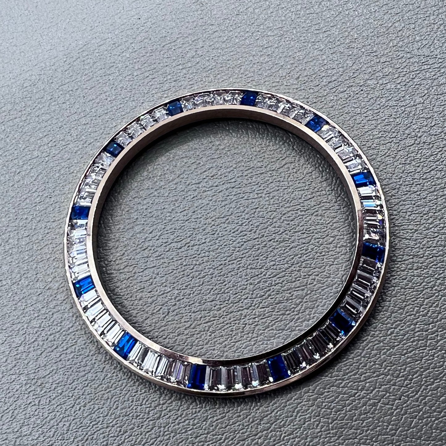 Daytona T-Shaped Square Blue Moissanite watch bezel with rose gold and silver base, elegant accessory