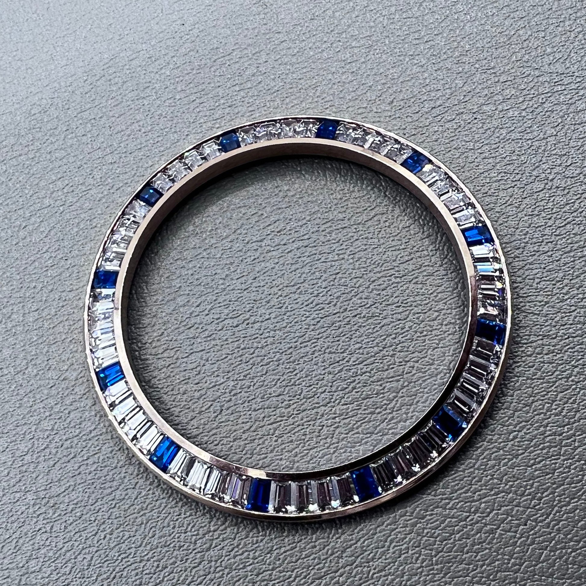 Daytona T-Shaped Square Blue Moissanite watch bezel with rose gold and silver base, elegant accessory