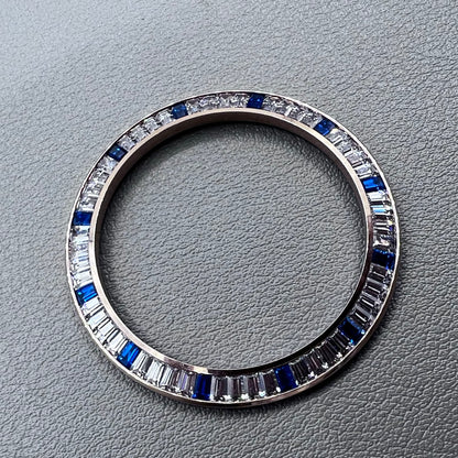 Daytona T-Shaped Square Blue Moissanite watch bezel with rose gold and silver base, elegant accessory