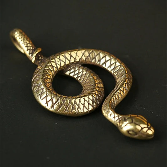 Hand carved vintage bronze snake figurine, solid copper with intricate details.