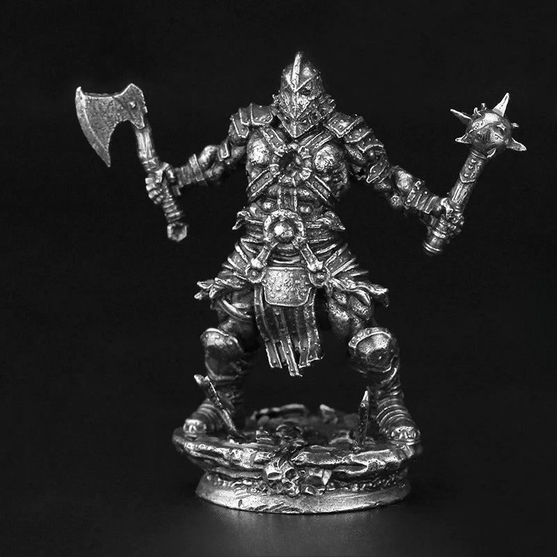 White Brass Figurine Armored Ogre Warrior Miniature - Axe and Spiked Mace Figure