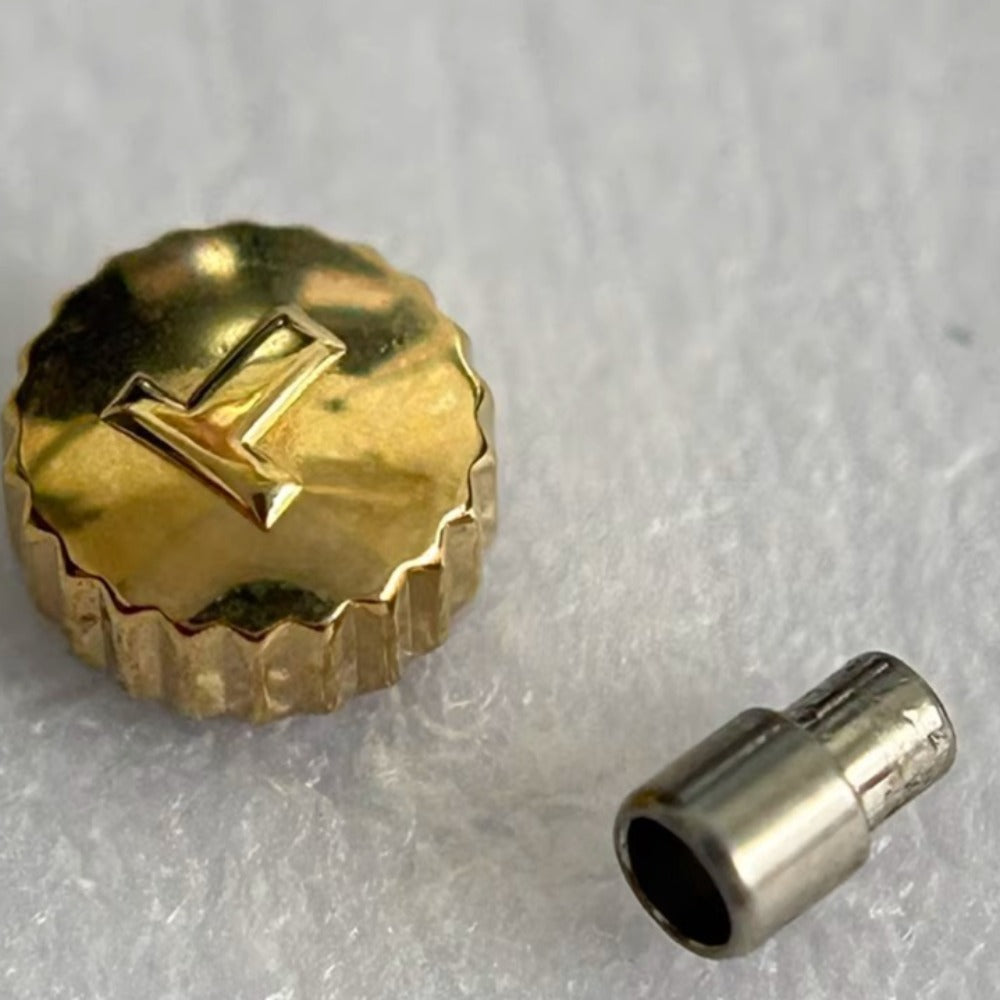 Steel golden watch crown for Tissot T063, durable replacement part for watch repair and maintenance.