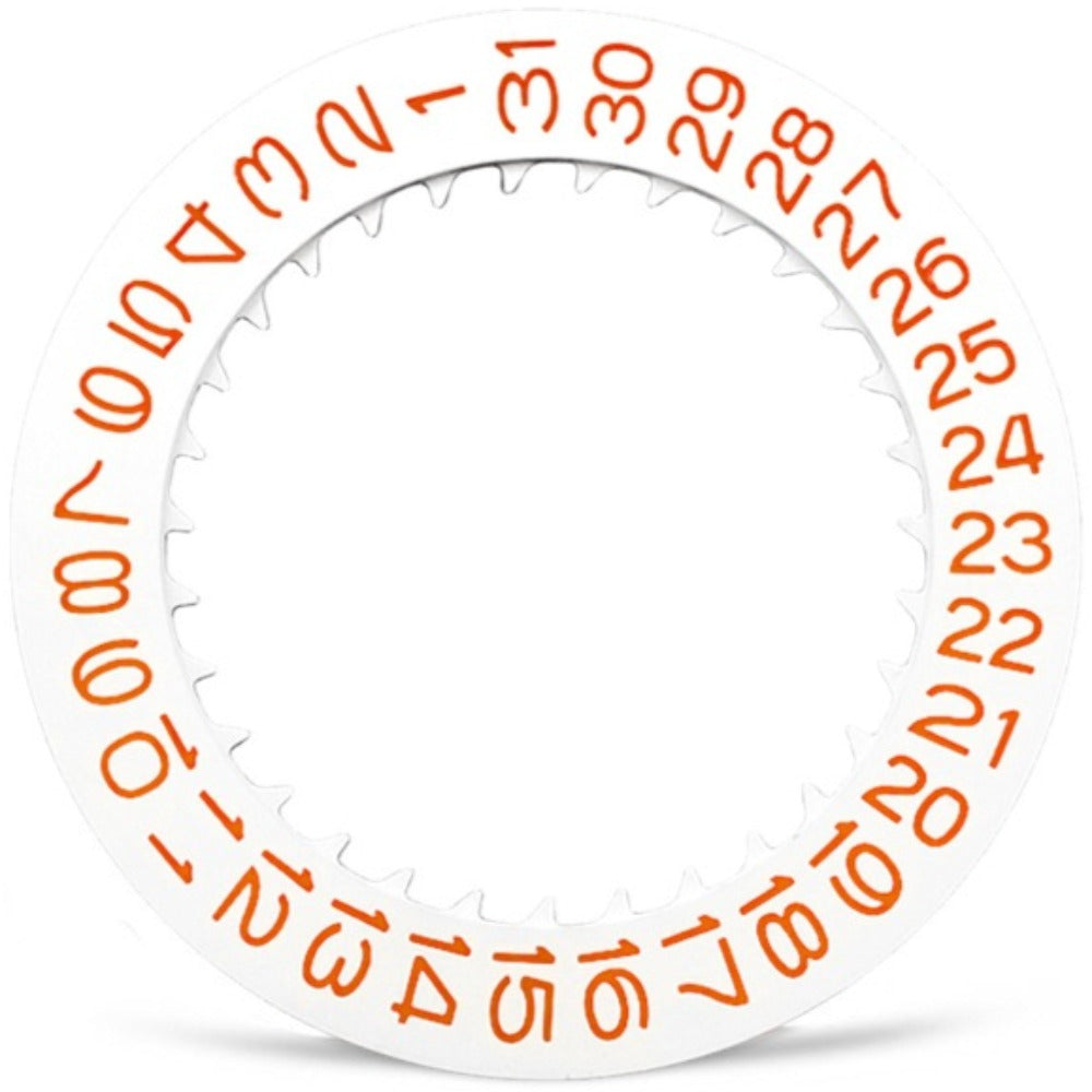 Orange font date disk wheel with white background for NH35 NH36 watch movement, date display at 3 o'clock.