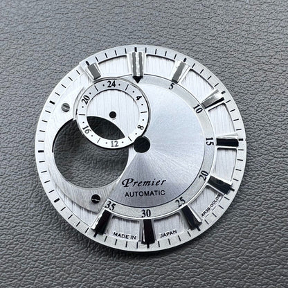 Silver 28.5mm modified hollow diving watch dial for NH39, sleek design.