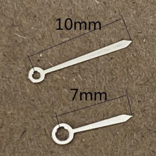 Silver 10x7mm watch hands compatible with Ronda 763 762 751 1062 1063 movements, precision-crafted.