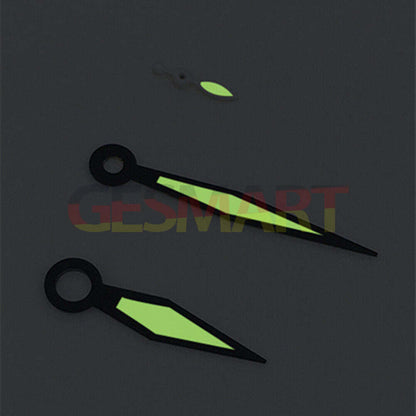 Black trim diamond-shaped green lume watch hands for ST3600/ST3620, precise fit for ETA6497/6498 movements.