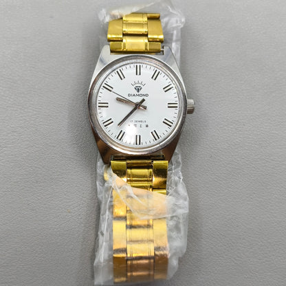 38mm Golden Band DIAMOND Manual Mechanical Watch 17 Jews White Dial Silver Case