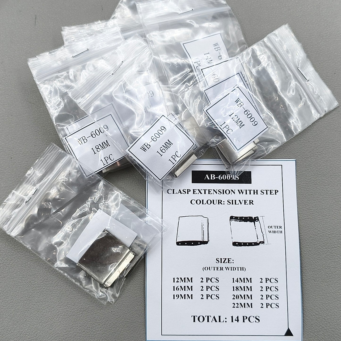 7 Sizes 14pcs Silver Solid 316 Stainless Steel Clasp Extension with Step Watch Buckles