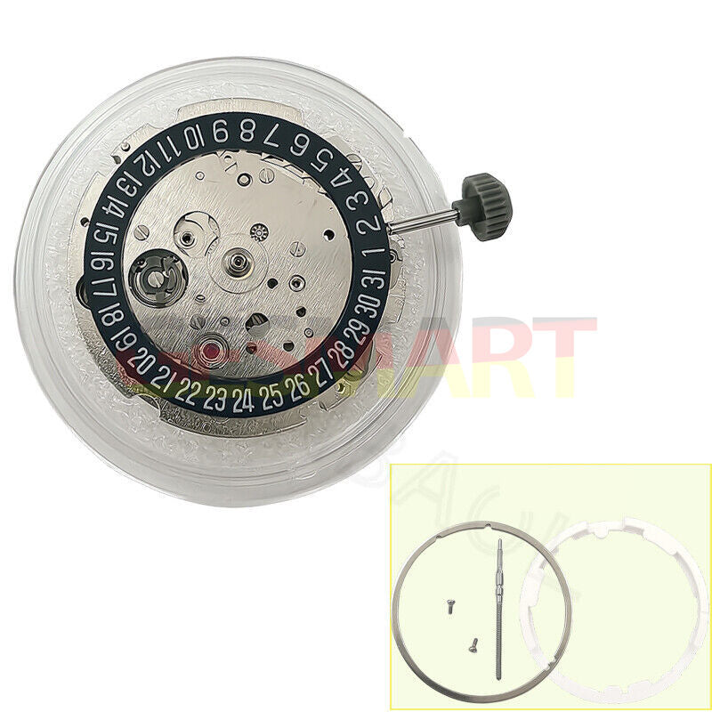 Miyota/Citizen 8215 watch movement with black dial and date at 6, automatic mechanical precision.