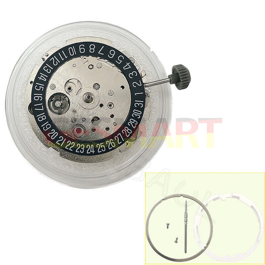 Miyota/Citizen 8215 watch movement with black dial and date at 6, automatic mechanical precision.