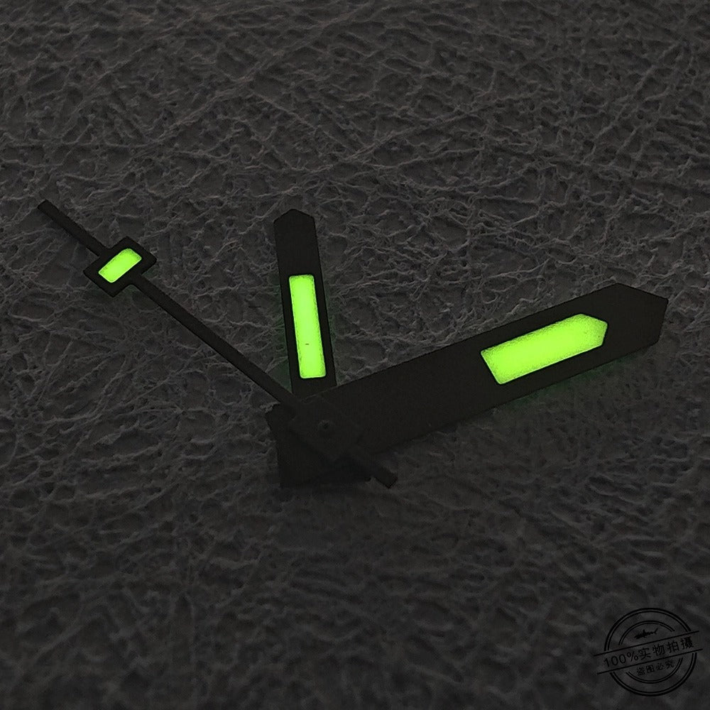 Black Trim C3 Green Lume vintage-style watch hands for NH34 series, perfect for clear time reading.