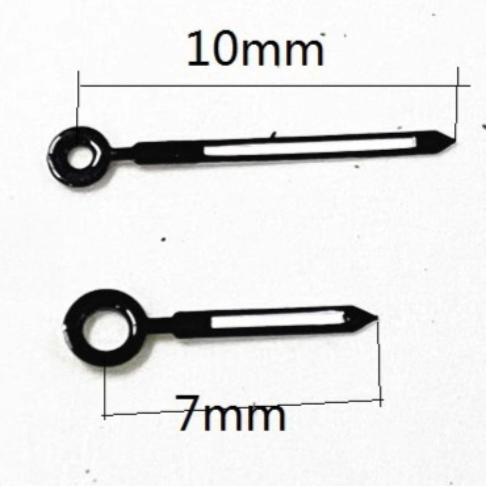 Black trim green lume watch hands measuring 10x7mm, compatible with Ronda 763, 762, 751, 1062, 1063 movements.