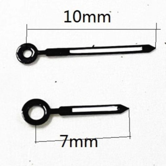 Black trim green lume watch hands measuring 10x7mm, compatible with Ronda 763, 762, 751, 1062, 1063 movements.