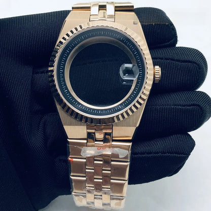 Rose Gold 40mm Land-Dwellwe 904L Watch Case+Strap Sapphire Glass Fit NH35 NH36