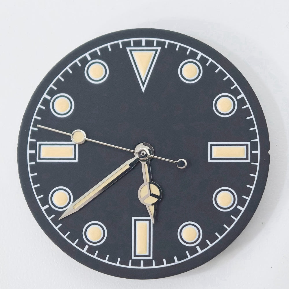 Vintage silver-trimmed watch dial with green lume hands for NH34 NH35 movement, classic style.