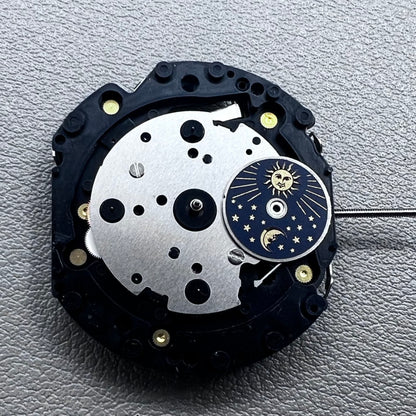 Original Japan VD59 watch movement close-up showing multifunctional quartz small second at 6/9/12 o'clock positions.
